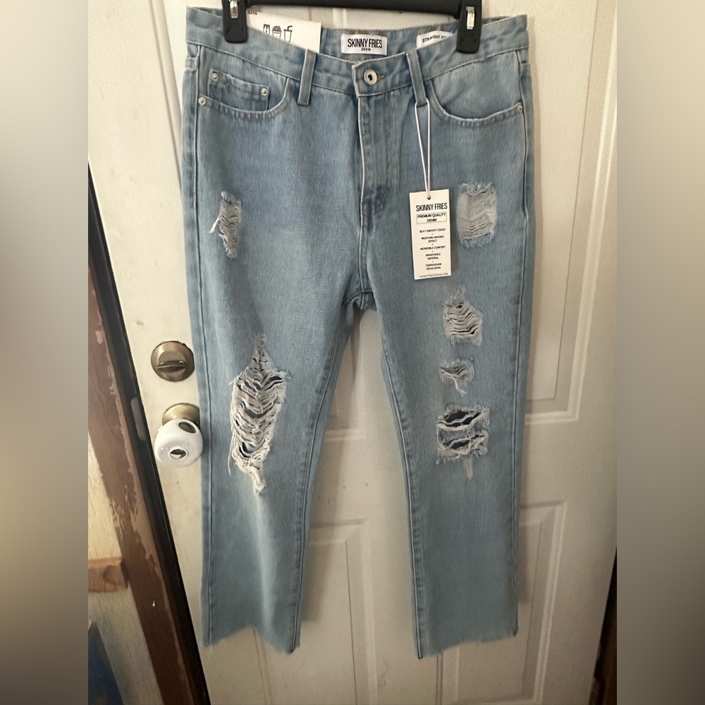 SKINNY FRIES DENIM STRAIGHT FIT JEANS: DISTRESSED LOOK: NEW WITH DEFECT: SZ 11